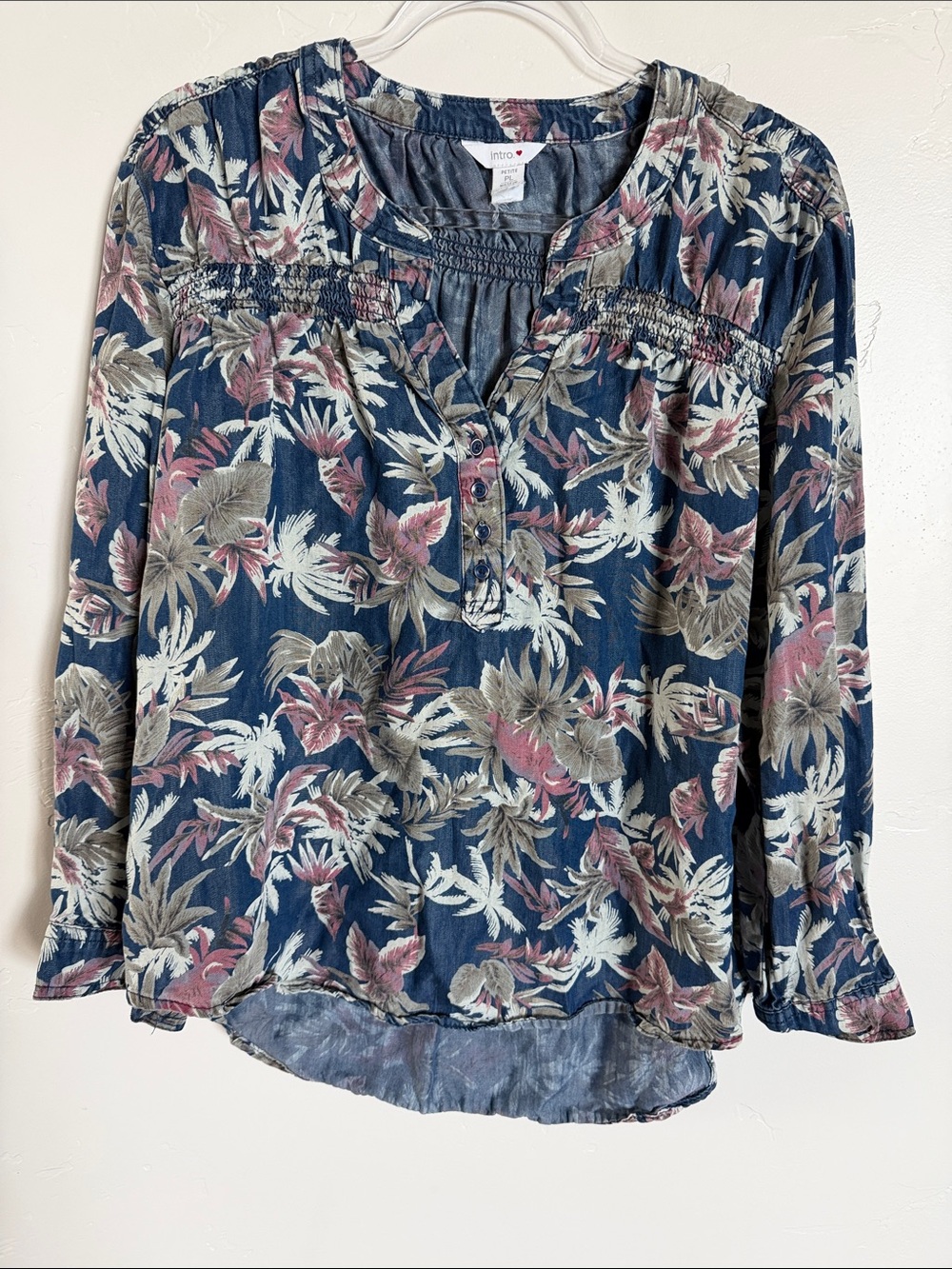 intro. Navy Floral Chambray Long-Sleeve Peasant Blouse